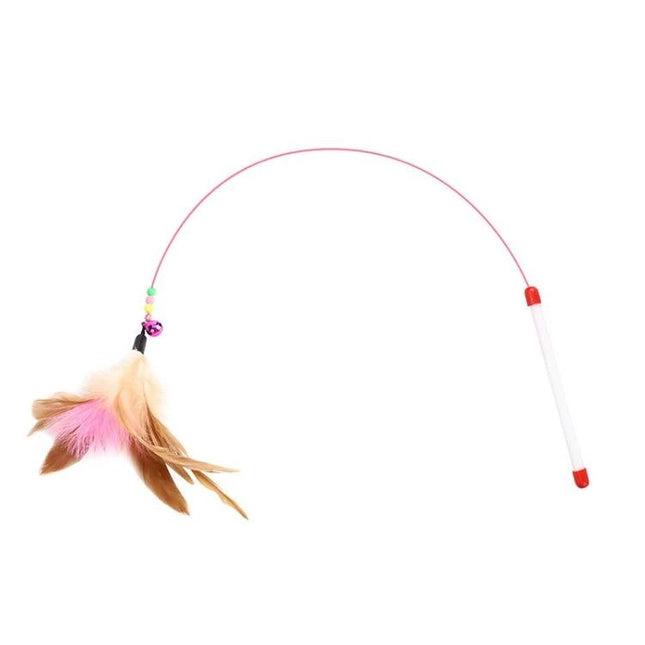 Feathered Cat Toy Stick with Bell for Everyday Play - flexible steel wire wand with pink handle and dangling feather bell to encourage chasing and pouncing