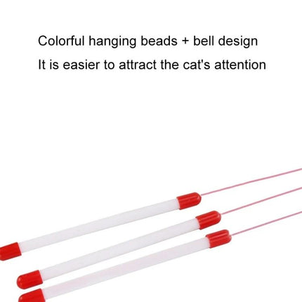 Feathered Cat Toy Stick with Bell for Everyday Play - white rod with red caps and colorful hanging beads and bell to attract cats