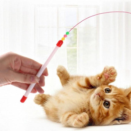 Feathered Cat Toy Stick with Bell for Everyday Play - hand-held wand with beads and bell, kitten chasing feathers on white background