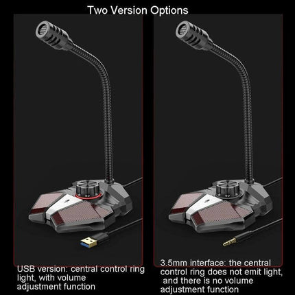 JK Omni-Directional Flexible Gaming Microphone with USB Option on desktop base showing USB and 3.5mm versions for gaming, streaming, and online teaching