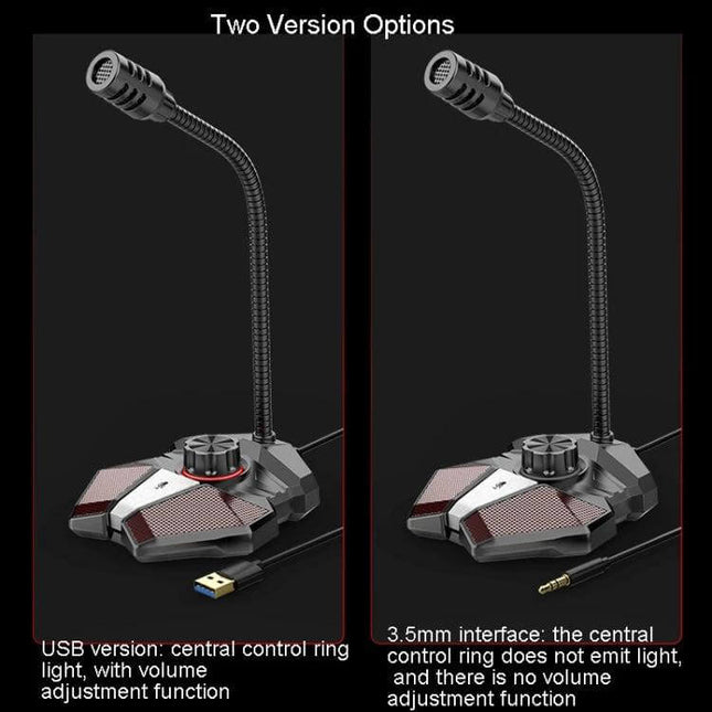 JK Omni-Directional Flexible Gaming Microphone with USB Option on desktop base showing USB and 3.5mm versions for gaming, streaming, and online teaching