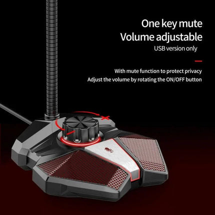 JK Omni-Directional Flexible Gaming Microphone with USB Option showing mute button and volume knob on USB base