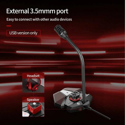 JK Omni-Directional Flexible Gaming Microphone with USB Option on desk showing flexible gooseneck, base with 3.5mm port and USB cable