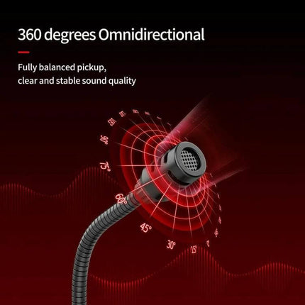 JK Omni-Directional Flexible Gaming Microphone with USB Option showing flexible gooseneck and 360-degree omnidirectional pickup for clear gaming audio