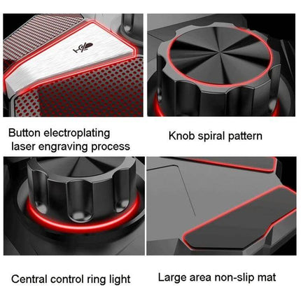 JK Omni-Directional Flexible Gaming Microphone with USB Option showing control knob, red ring light, button engraving and non-slip mat close-ups