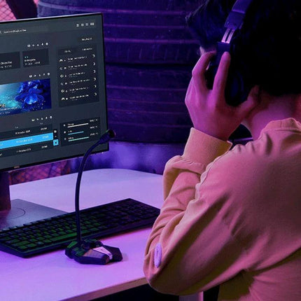 JK Omni-Directional Flexible Gaming Microphone with USB Option positioned beside a gamer recording clear voice chat and streaming