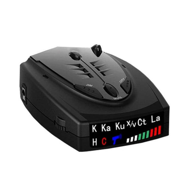 Electronic Car Radar for Speed and Flow Early Warnings - black radar detector showing K Ka Ku bands and signal strength display