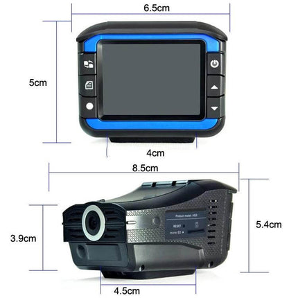 VG3 2-in-1 Dash Cam with Radar Warning for Safe Driving - compact 140° HD dash camera front view with dimensions and buttons