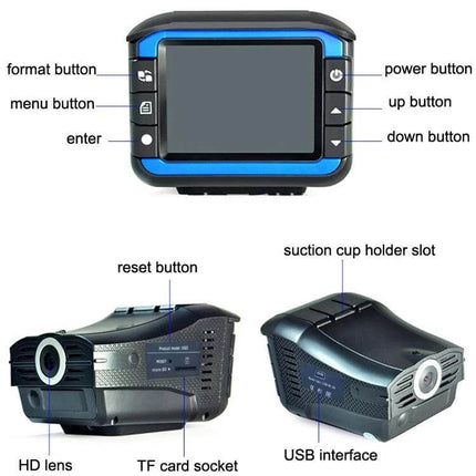 VG3 2-in-1 Dash Cam with Radar Warning for Safe Driving showing HD lens, screen, buttons, TF card slot and USB interface