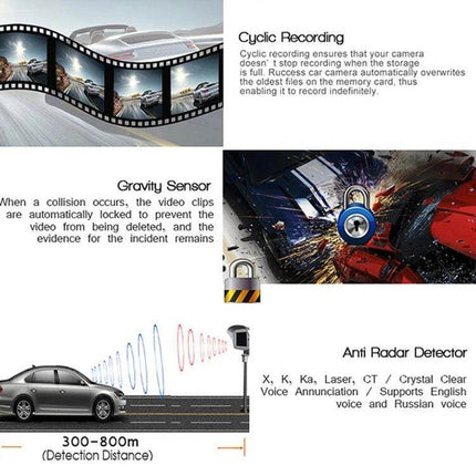 VG3 2-in-1 Dash Cam with Radar Warning for Safe Driving - HD 140° lens, cyclic recording, G-sensor, anti-radar detector, 300-800m detection