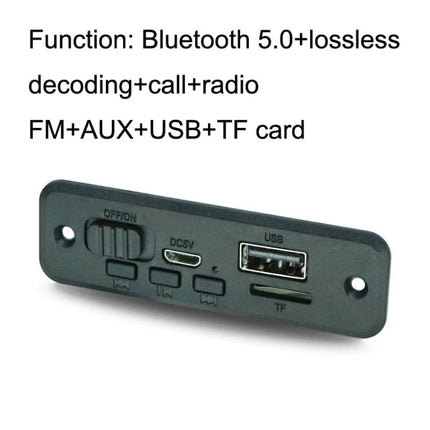 Compact Bluetooth Decoder Board for Music and Calls – front panel with USB port, TF slot, micro USB power, switches and AUX/FM labels