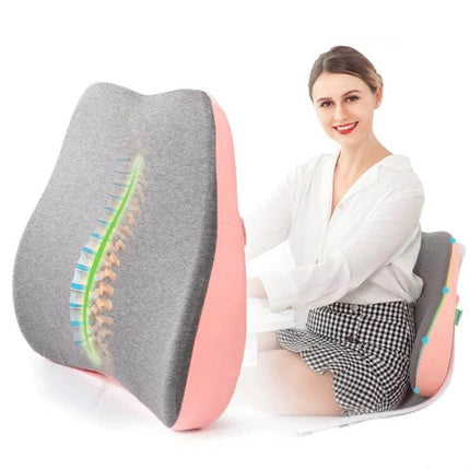 Memory Foam Lumbar Pillow For Office Chair Pink Comfort - pink memory foam lumbar support with strap shown on office chair