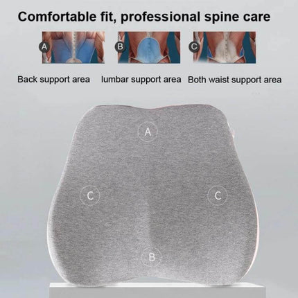 Memory Foam Lumbar Pillow For Office Chair Pink Comfort - gray demo showing lumbar, back and waist support areas with elastic strap
