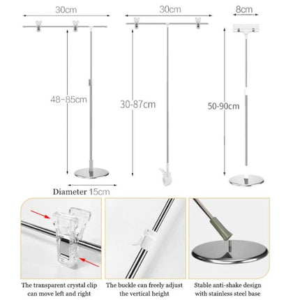 Adjustable Photography Backdrop Stand for Studio Sessions showing stainless steel adjustable heights, width, base and clips for portrait and product setups