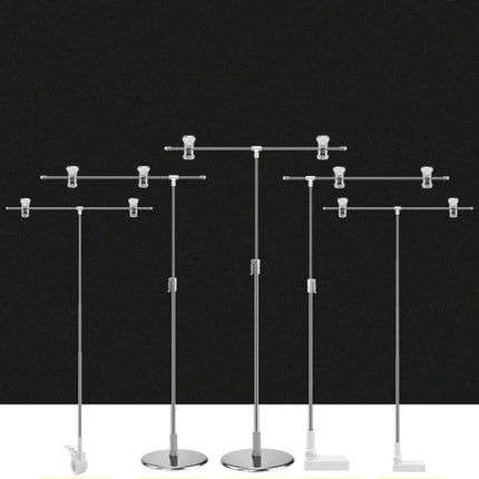 Adjustable Photography Backdrop Stand for Studio Sessions showing multiple stainless steel stands with clamps and adjustable heights for portrait and product shoots