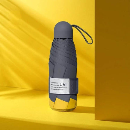 Compact Five-Fold Sunscreen Umbrella for Everyday Protection – compact gray UV-blocking 210T fabric umbrella folded with wrist strap
