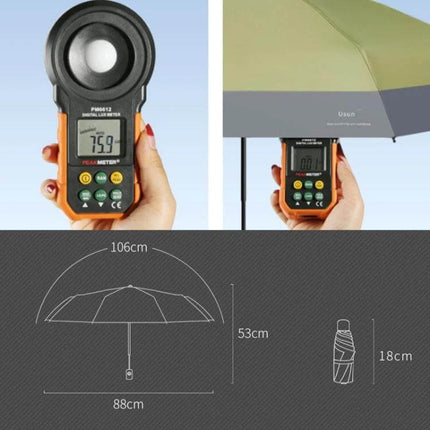 Compact Five-Fold Sunscreen Umbrella for Everyday Protection with high-density 210T fabric, 106cm canopy, compact 18cm folded size, UV blocking measurement shown