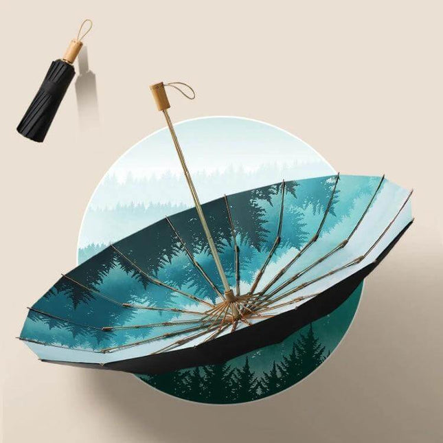 Retro Style Wooden Handle Folding Sunscreen Parasol with teal forest print interior, wooden handle and compact folded case