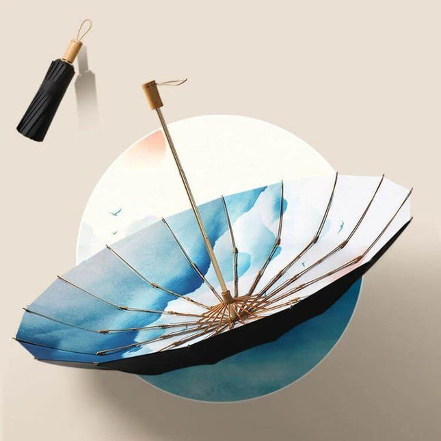 Retro Style Wooden Handle Folding Sunscreen Parasol with blue cloud pattern canopy and compact wooden handle