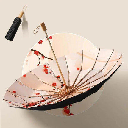 Retro Style Wooden Handle Folding Sunscreen Parasol with cherry blossom print and classic wooden handle, compact foldable umbrella for sun and light rain
