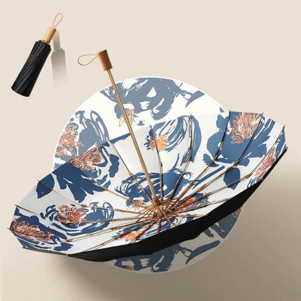 Retro Style Wooden Handle Folding Sunscreen Parasol with blue floral print and wooden handle, folded and opened view
