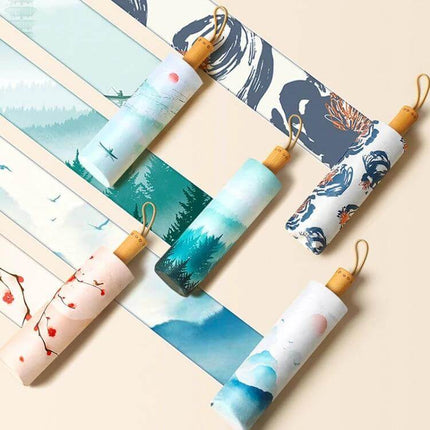 Retro Style Wooden Handle Folding Sunscreen Parasol with pastel landscape prints and compact wooden handle for travel and sun protection