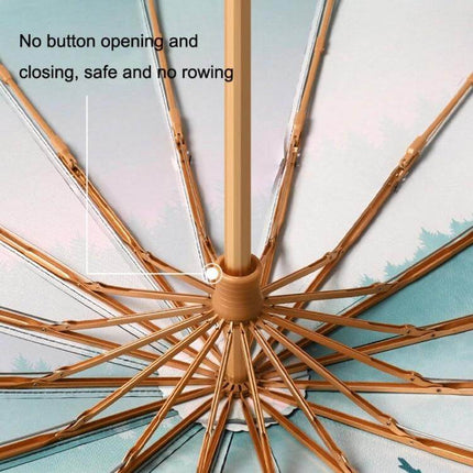 Retro Style Wooden Handle Folding Sunscreen Parasol with wooden handle and sturdy rib frame shown unfolded