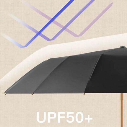 Retro Style Wooden Handle Folding Sunscreen Parasol with black canopy showing UPF50+ protection and wooden handle