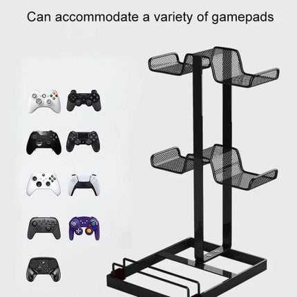 Desktop Gaming Organizer Bracket In Black For Small Desks holding controllers and headset, matte black carbon steel, silicone base