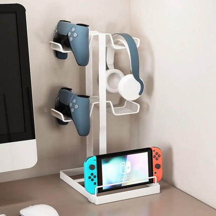 Desktop Gaming Organizer Bracket In Black For Small Desks holding controllers headset and Nintendo Switch on compact desk