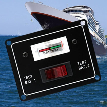 Marine Grade Dual Battery Pointer Voltmeter for Boats and RVs showing dual battery gauge and test switch mounted on marine panel near cruise ship