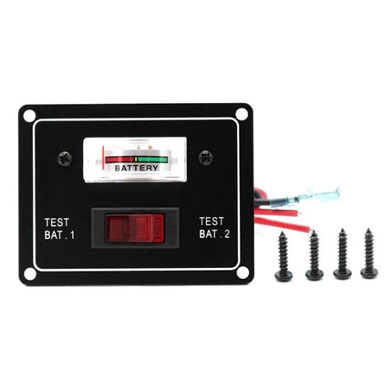 Marine Grade Dual Battery Pointer Voltmeter for Boats and RVs - black panel battery meter with test switches and mounting screws
