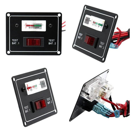 Marine Grade Dual Battery Pointer Voltmeter for Boats and RVs - black panel voltmeter with test switches and wiring