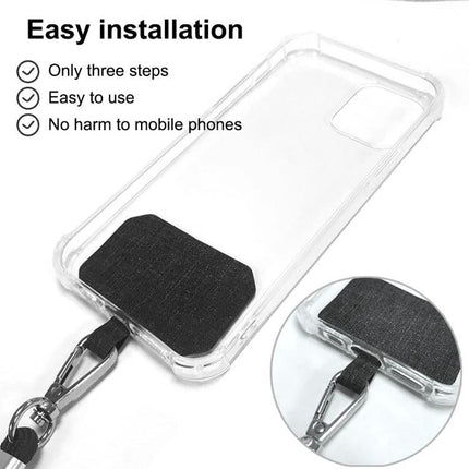 Adjustable Phone Lanyard Set of 2 with Detachable Neck Cord showing easy installation on a clear phone case with detachable clip and neck cord