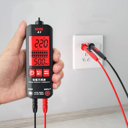 BSIDE A1 Handheld Voltage Multimeter for Electrical Testing showing 220V reading while testing a wall outlet with red and black probes
