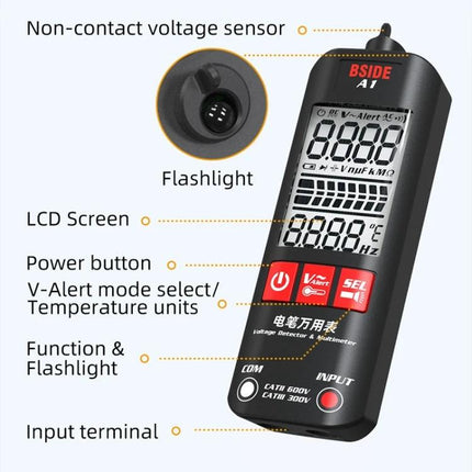 BSIDE A1 Handheld Voltage Multimeter for Electrical Testing showing LCD, non-contact sensor, buttons, flashlight and input terminal
