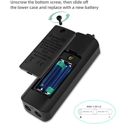 BSIDE A1 Handheld Voltage Multimeter for Electrical Testing showing open back with two AAA batteries installed and battery compartment instructions