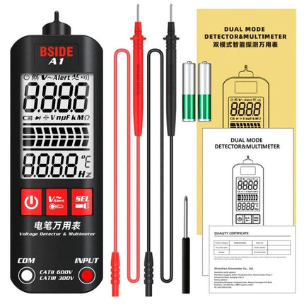 BSIDE A1 Handheld Voltage Multimeter for Electrical Testing showing device, probes, batteries and manual for home and professional wiring checks