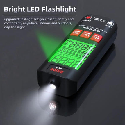 BSIDE A1 Handheld Voltage Multimeter for Electrical Testing with bright LED flashlight, backlit LCD, and non-contact voltage detection for home and professional use