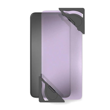 10-Piece Quick Sticker Tool for Mobile Phones and Tablets shown aligning a screen protector on a smartphone to prevent bubbles and misalignment