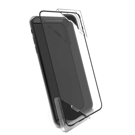 10-Piece Quick Sticker Tool for Mobile Phones and Tablets showing alignment frame and applicator guiding a screen protector onto a smartphone