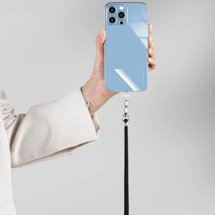 Universal Phone Lanyard Set with Secure Attachment for Daily Use shown on a blue smartphone held by hand with black lanyard attached