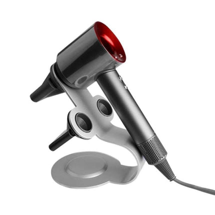 Punch Free Standing Hair Dryer Stand For Dyson Silver on polished mild steel base holding Dyson hair dryer for hands-free styling
