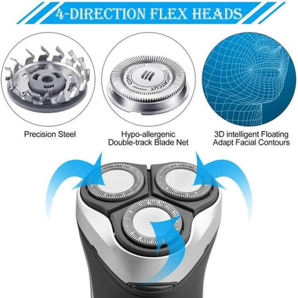 Razor Blade Set, 3-Pack For Shaver Replacement Home Use showing triple rotary heads, precision steel blades and 3D flex contour features