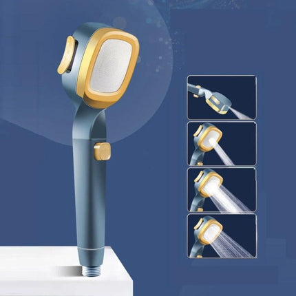 Adjustable Handheld Shower Head for Daily Home Bathing Needs in blue and gold showing multiple spray modes and ergonomic handle