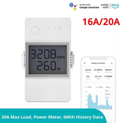 Sonoff POW Elite Smart Switch for Home Electricity Monitoring showing LCD power meter and mobile app energy overview