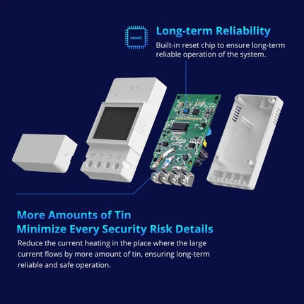 Sonoff POW Elite Smart Switch for Home Electricity Monitoring showing disassembled unit, LCD, circuit board and housing for energy monitoring