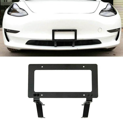 Punch-Free Front License Plate Holder for Tesla Model 3 and Y mounted on white Tesla front bumper, black punch-free bracket shown