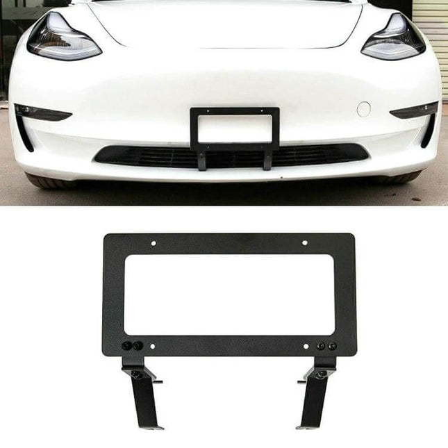 Punch-Free Front License Plate Holder for Tesla Model 3 and Y mounted on white Tesla front bumper, black punch-free bracket shown