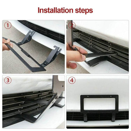 Punch-Free Front License Plate Holder for Tesla Model 3 and Y shown installed on front bumper with step-by-step clamp installation